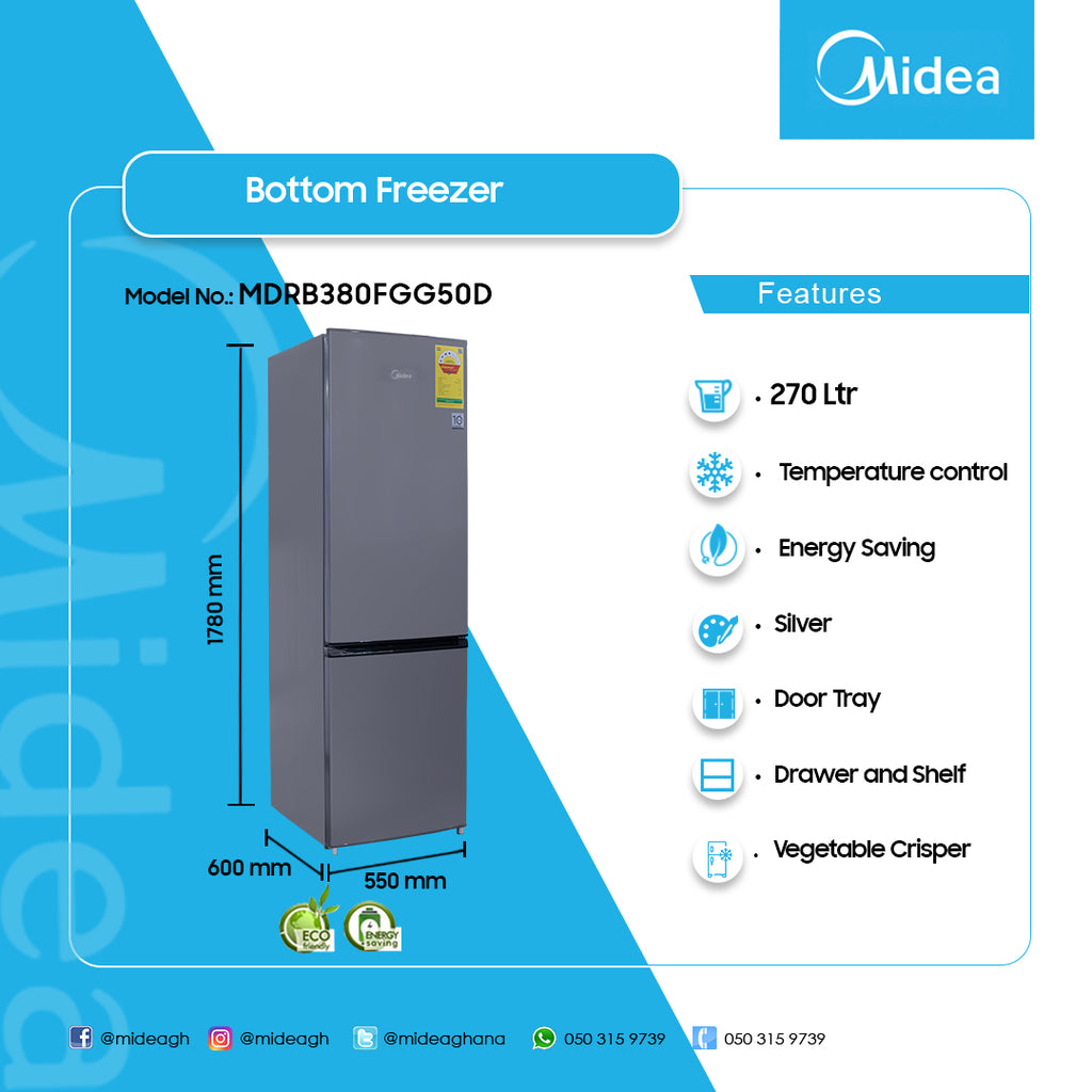 Midea 270 L Frost Free Bottom Freezer Refrigerator with Water Dispenser – Model MDRB380FGG50D – view 2