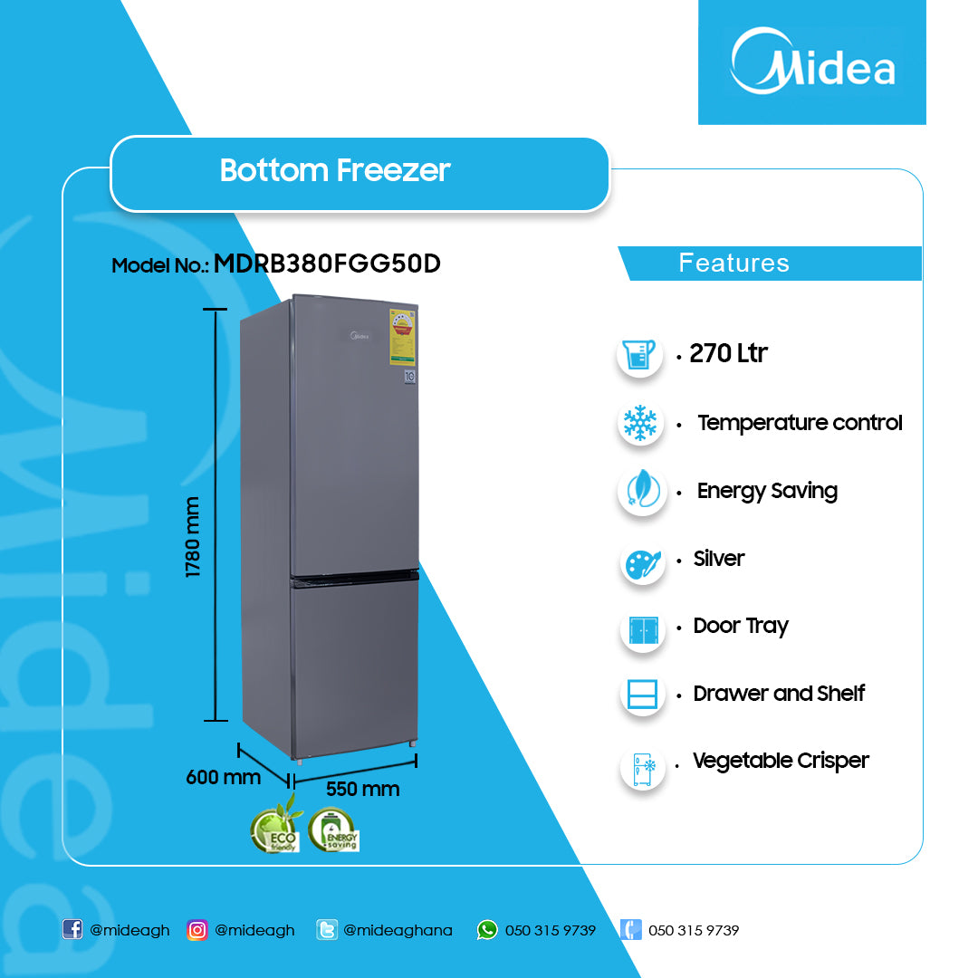 Midea 270 L Frost Free Bottom Freezer Refrigerator with Water Dispenser – Model MDRB380FGG50D – view 2