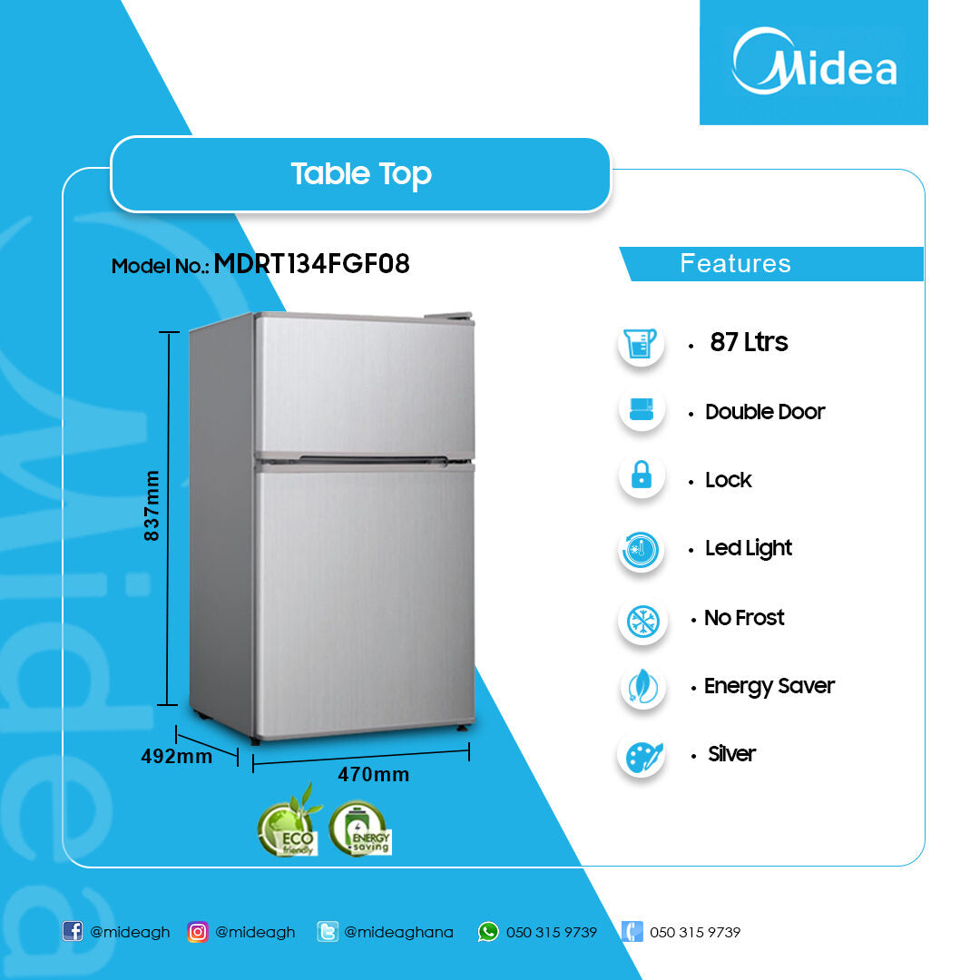 Midea 87 L Double Door Top Freezer Refrigerator – Model MDRT134FGF08