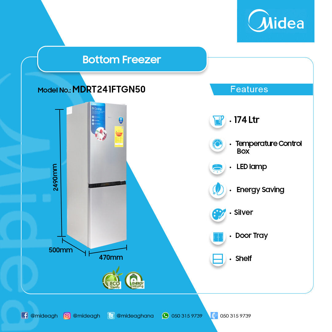 Midea 174 L Double Door Bottom Freezer Refrigerator – Model MDRT241FTGN50 – view 2