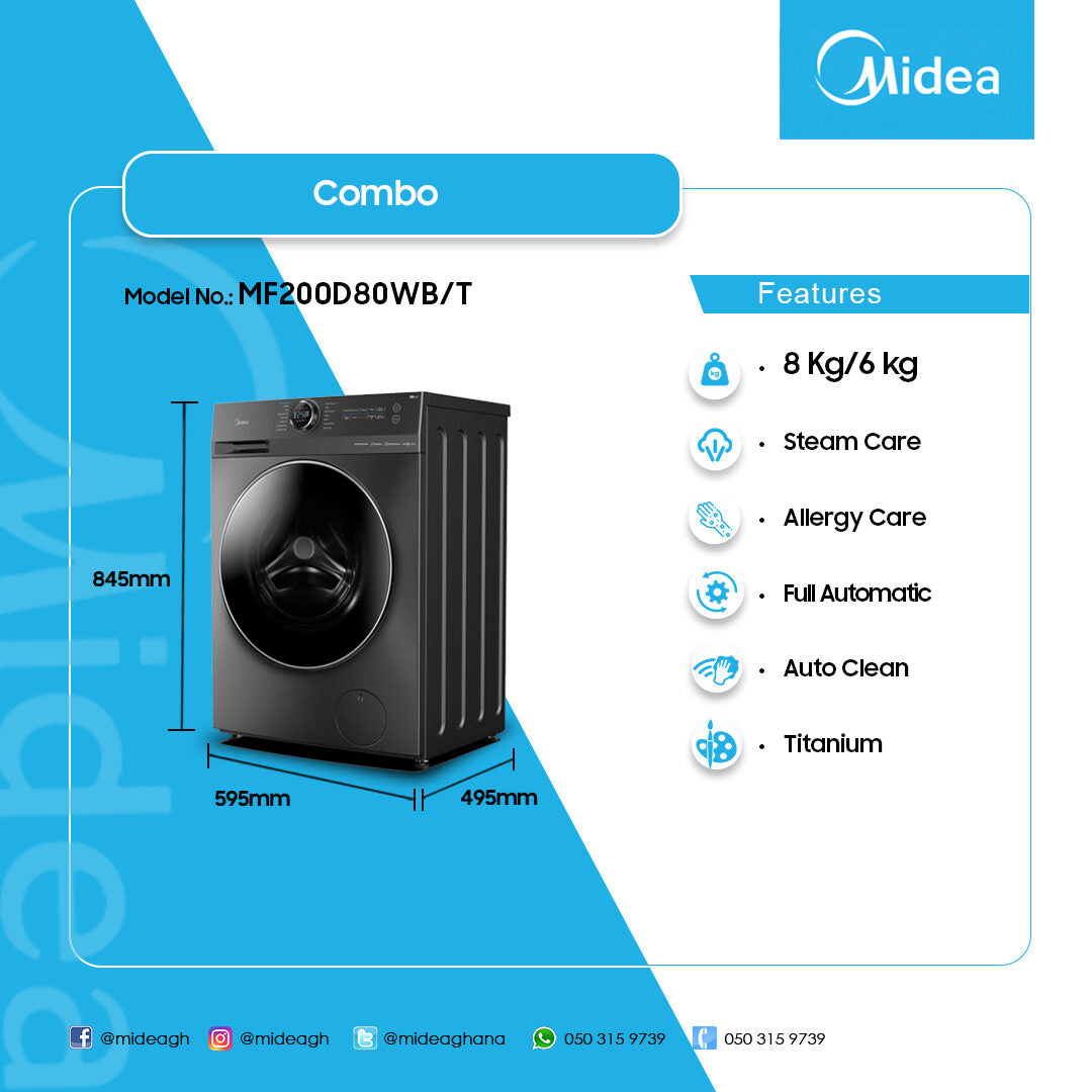Midea 8 kg Wash / 6 kg Dry Washer Dryer – Model MF200D80WB/T