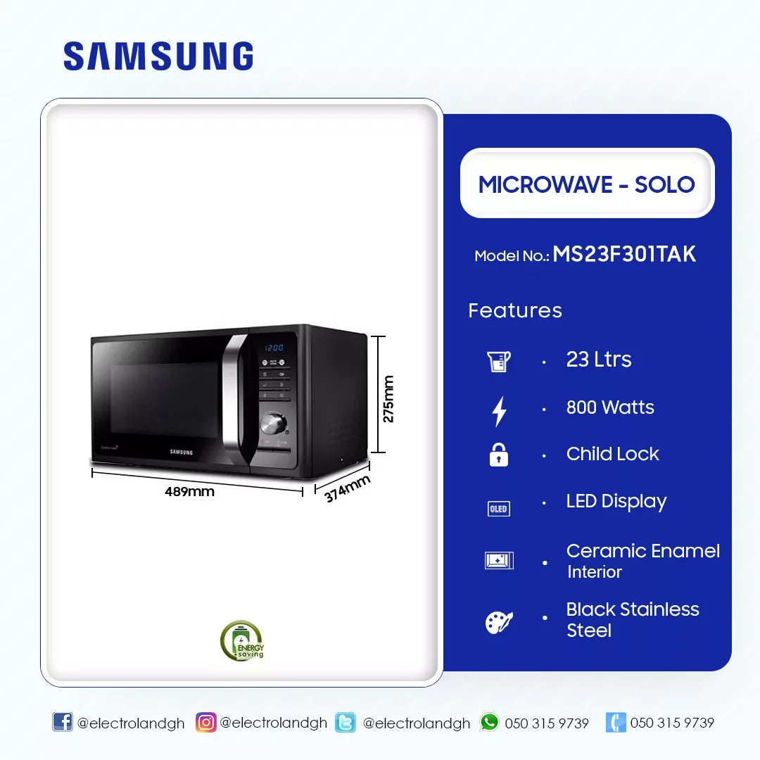 Samsung 23 L Solo Microwave Oven – Model MS23F301TAK