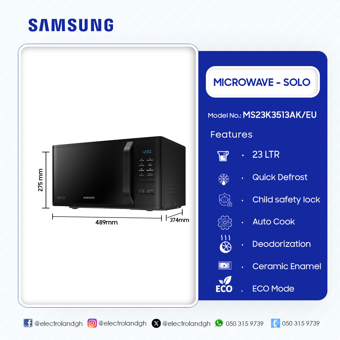Samsung 23 L Solo Microwave Oven – Model MS23K3513AK/EU