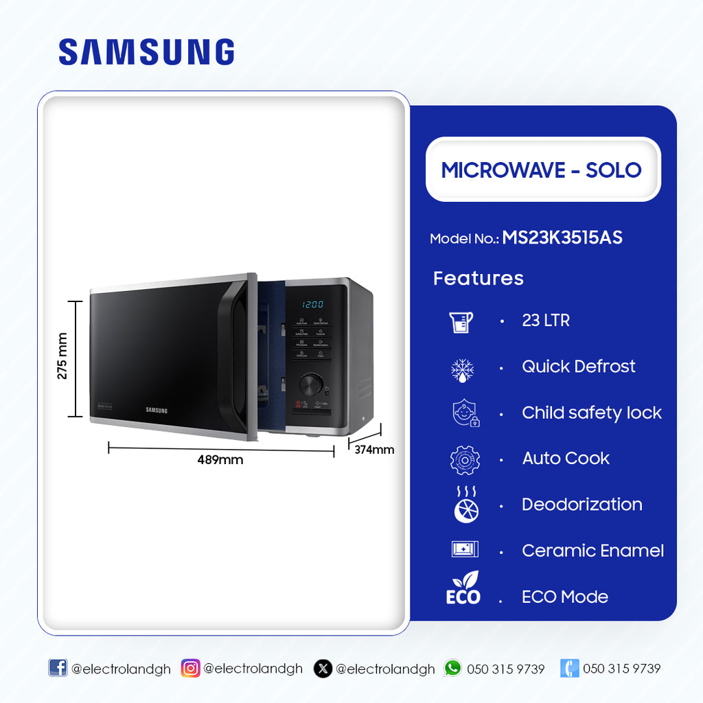 Samsung 23 L Solo Microwave Oven – Model MS23K3515AS