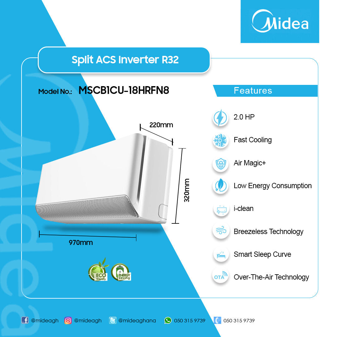 Midea 2.0 HP Split Inverter Air Conditioner (R32, Cooling & Heating) – Model MSCB1CU-18HRFN8