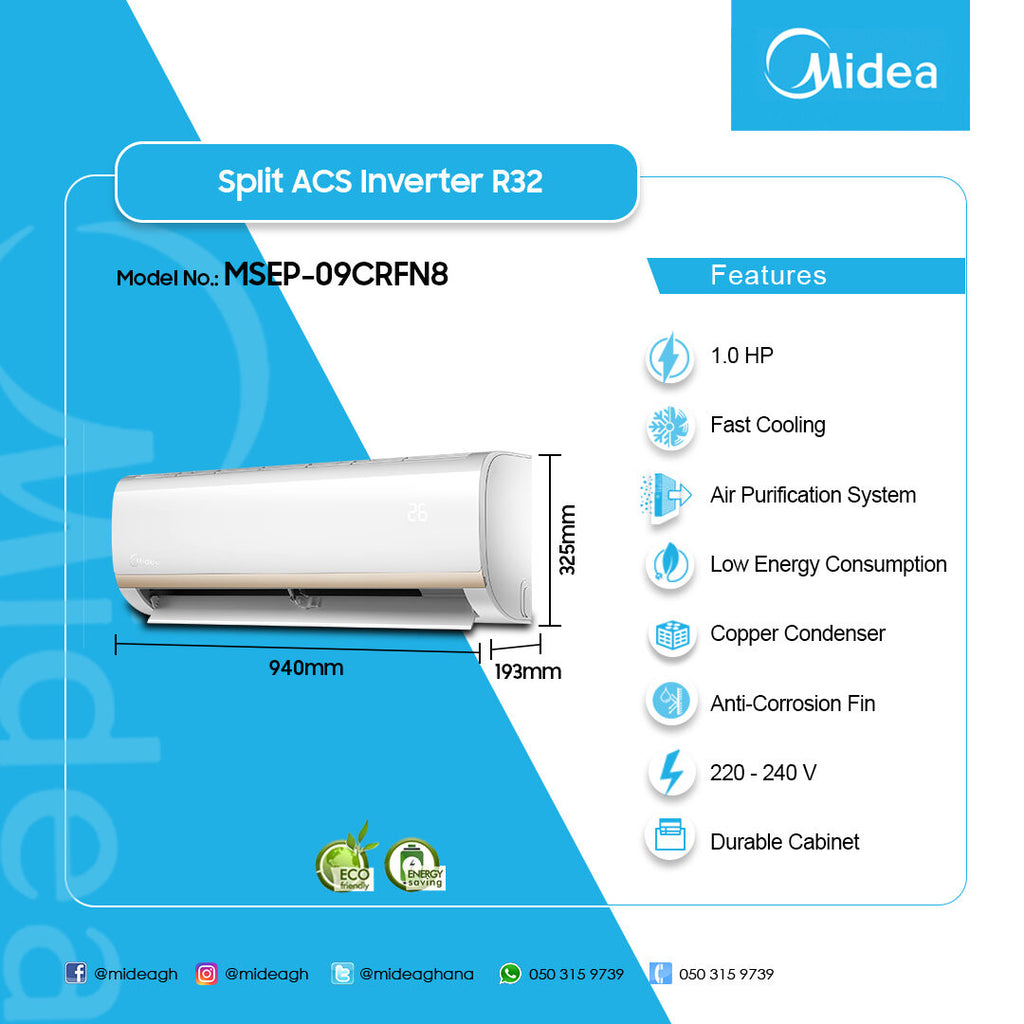 Midea 1.0 HP Split Inverter Air Conditioner (R32) – Model MSEP-09CRFN8