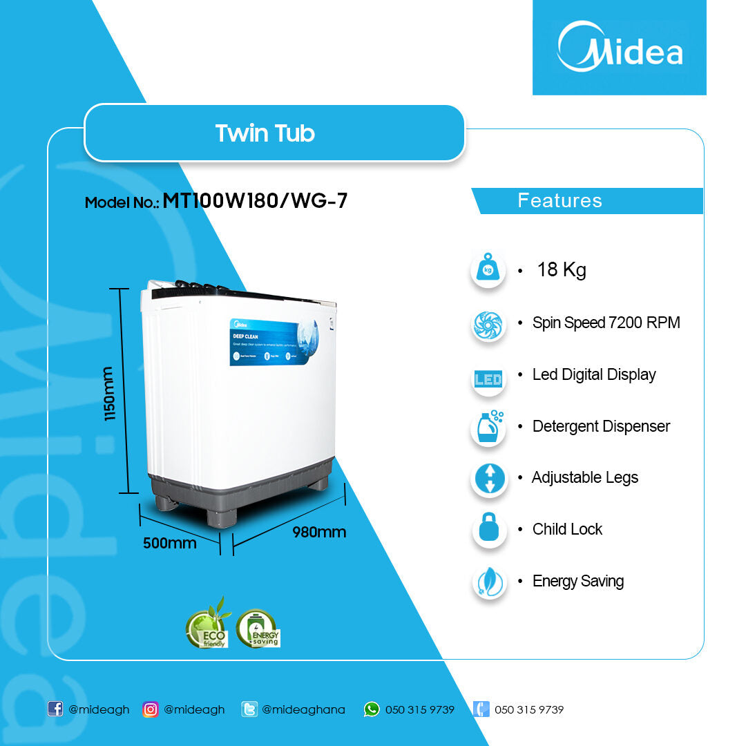 Midea 18 kg Twin Tub Washing Machine – Model MT100W180/WG-7