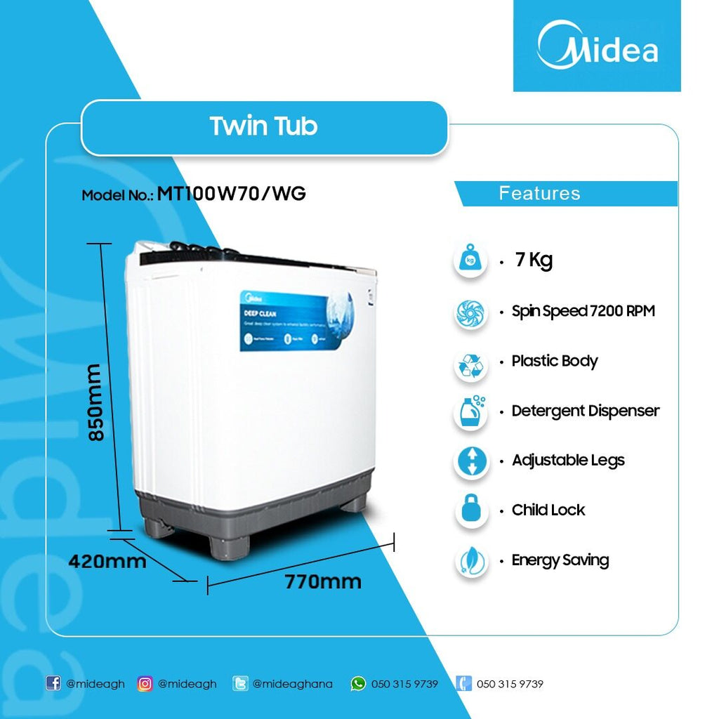 Midea 7 kg Twin Tub Washing Machine – Model MT100W70/WG