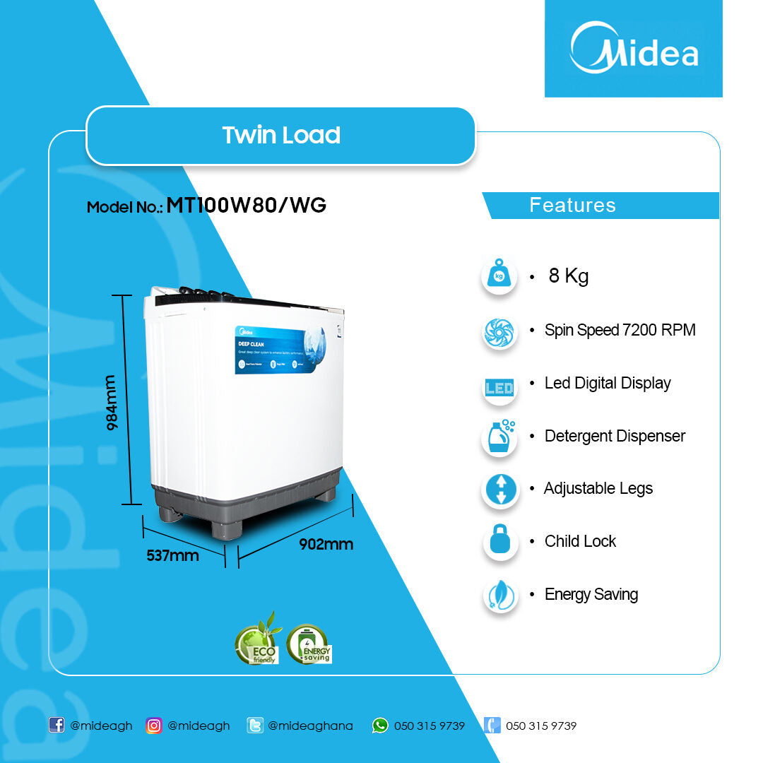 Midea 8 kg Twin Tub Washing Machine – Model MT100W80/WG