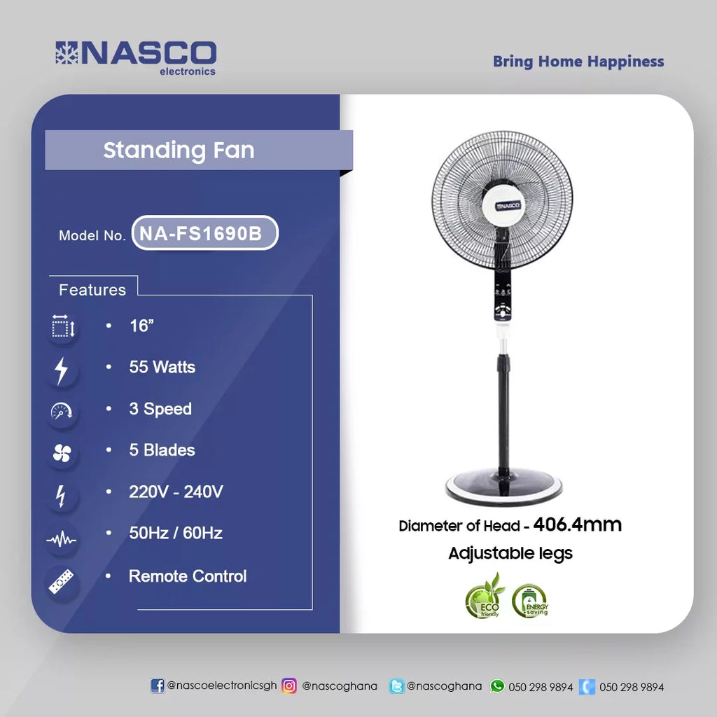 Nasco 16" Stand, Desk and Wall Fan with Remote – Model NA-FS1690B