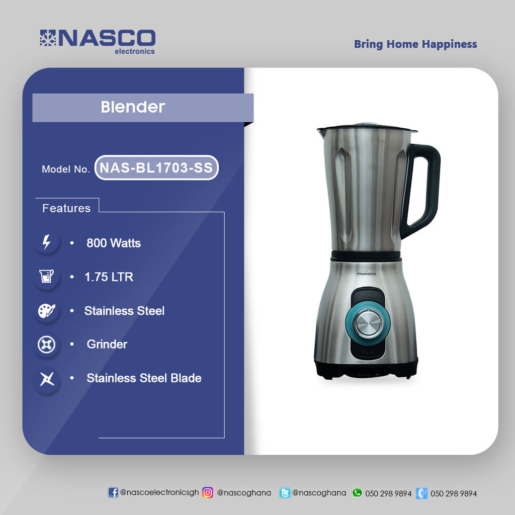 Nasco 800 W Stainless Steel Jug Blender – Model NAS-BL1703-SS