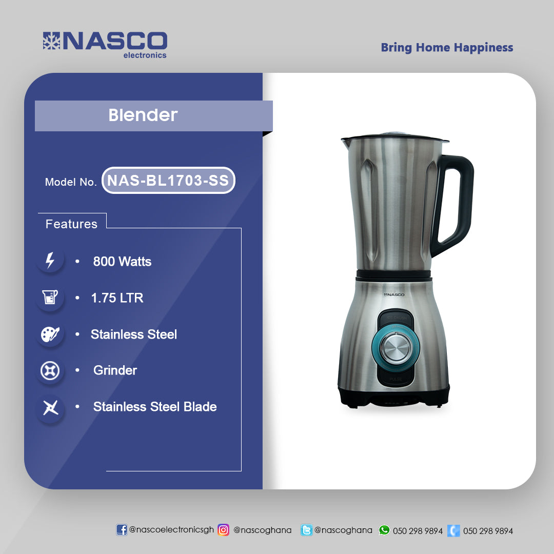 Nasco 800 W Stainless Steel Jug Blender – Model NAS-BL1703-SS – view 2
