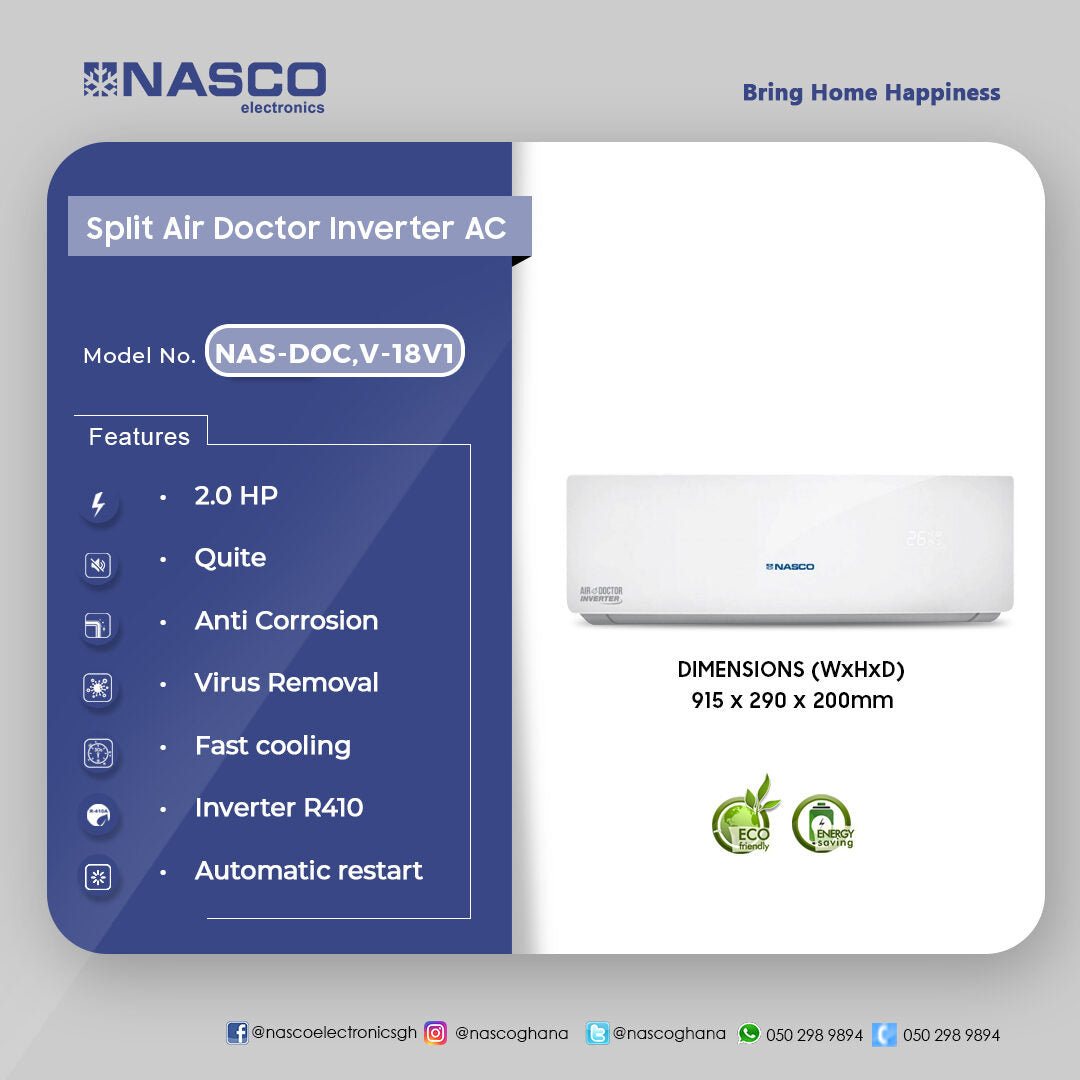 Nasco 18,000 BTU Dual Inverter Split Air Conditioner – Model NAS-DOC,V-18V1