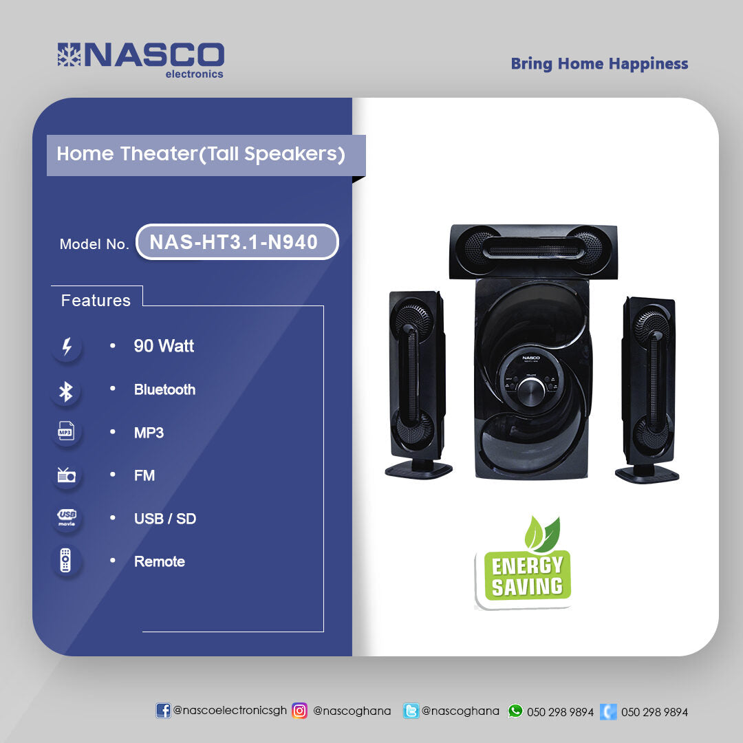 Nasco 3.1 Channel Tall Speaker Home Theatre System – Model NAS-HT3.1-N940