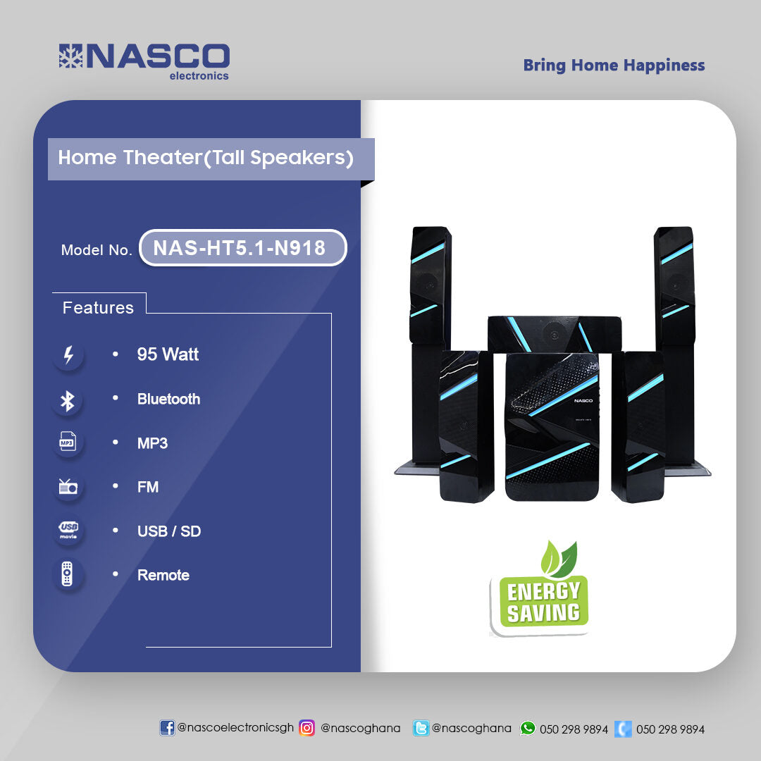 Nasco 5.1 Channel Tall Speaker Home Theatre System – Model NAS-HT5.1-N918