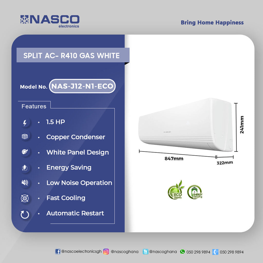 Nasco 1.5 HP Split Air Conditioner (R410A) – Model NAS-J12-N1-ECO