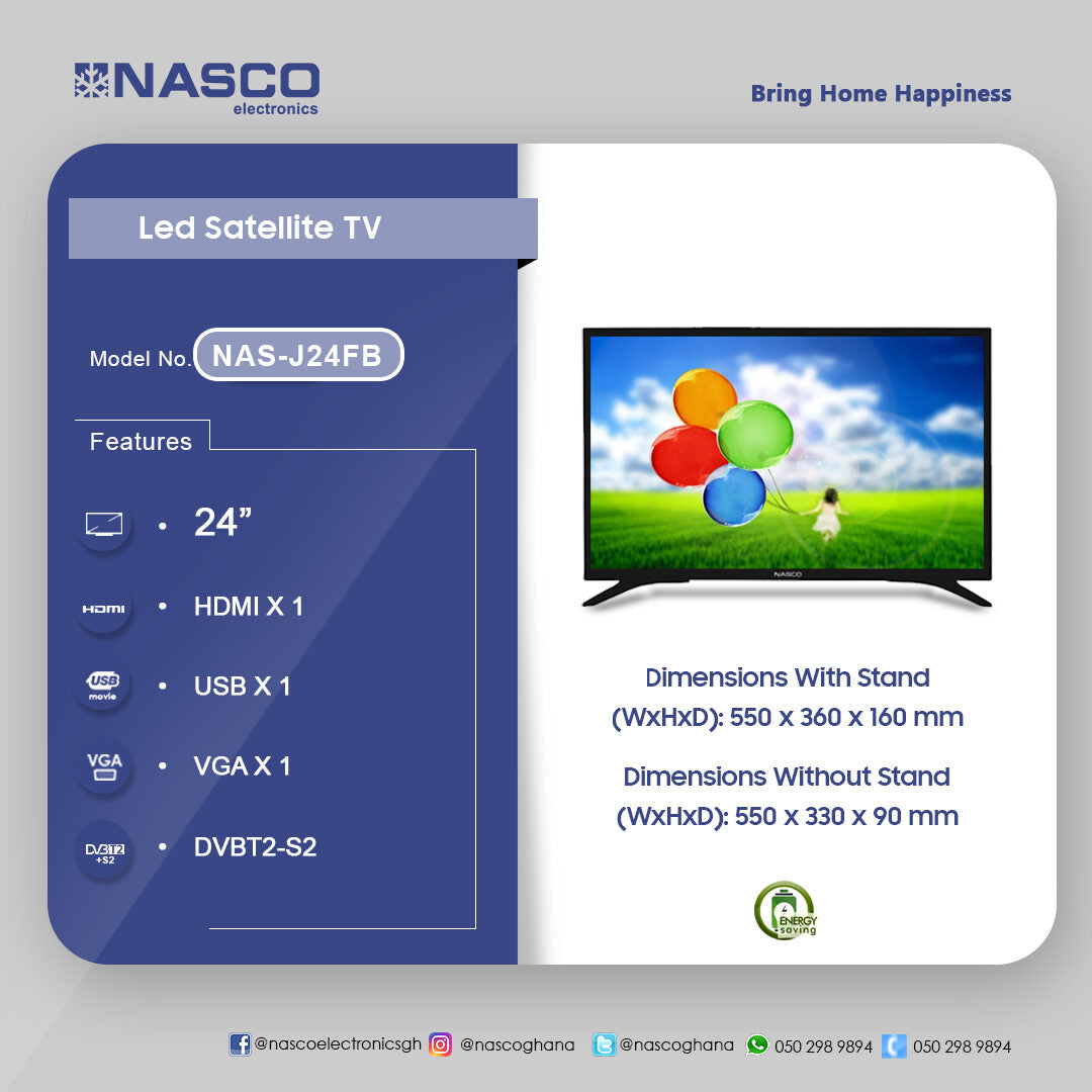 Nasco 24" Full HD LED Digital Satellite Television – Model NAS-J24FB
