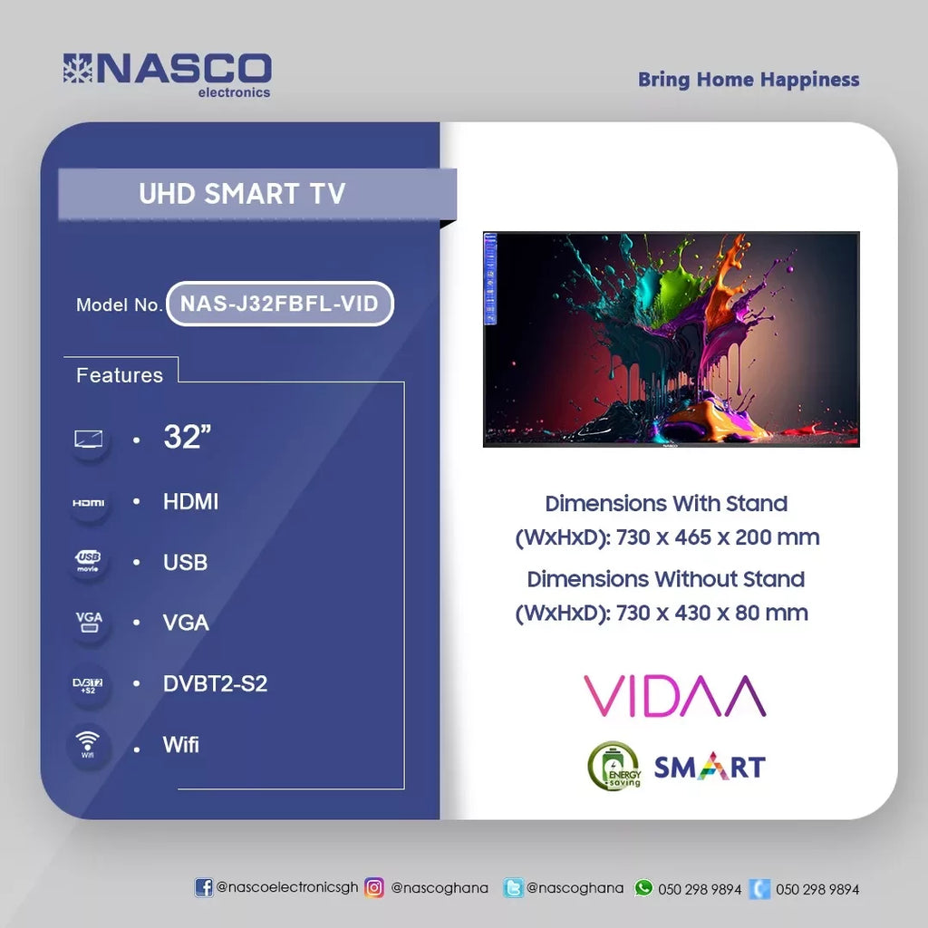 Nasco 32" VIDAA Smart LED Television – Model NAS-J32FBFL-VID
