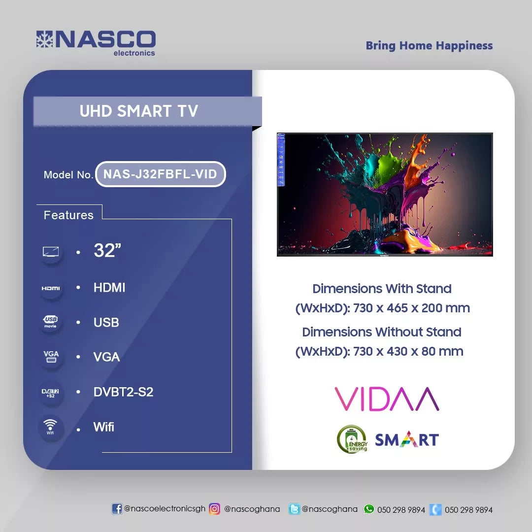 Nasco 32" VIDAA Smart LED Television – Model NAS-J32FBFL-VID