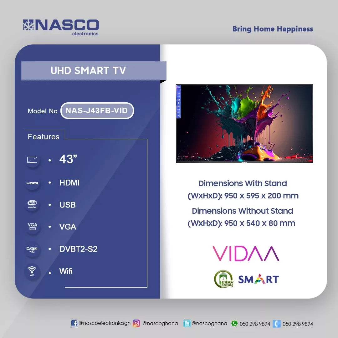Nasco 43" 4K UHD VIDAA Smart Television – Model NAS-J43FB-VID