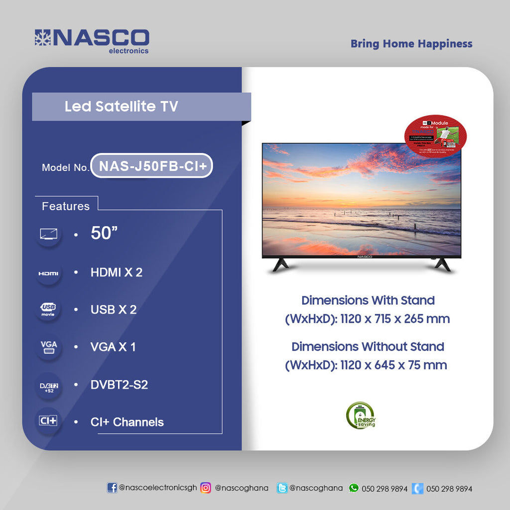 Nasco 50" Full HD LED Digital Satellite Television – Model NAS-J50FB-CI+