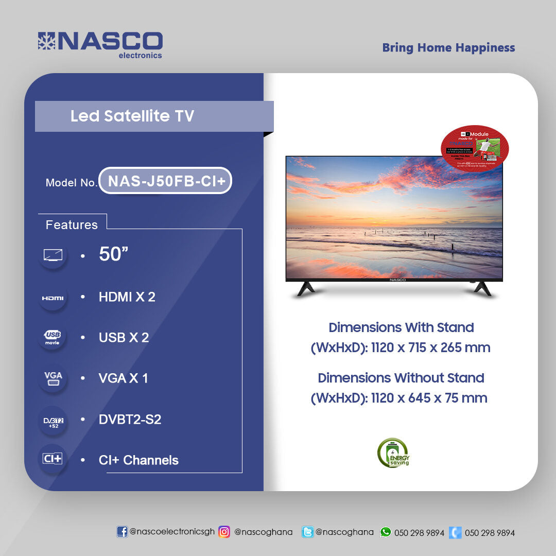 Nasco 50" Full HD LED Digital Satellite Television – Model NAS-J50FB-CI+