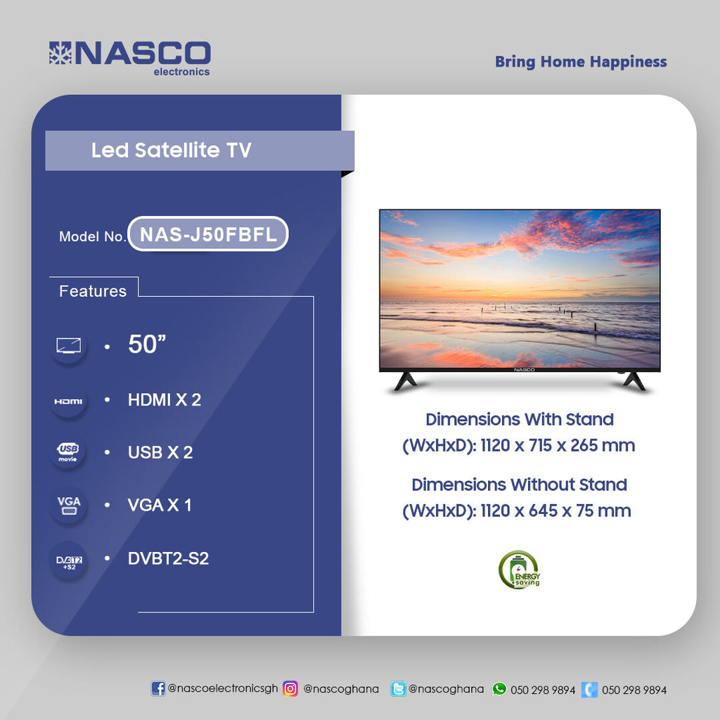 Nasco 50" Full HD LED Digital Satellite Television – Model NAS-J50FBFL