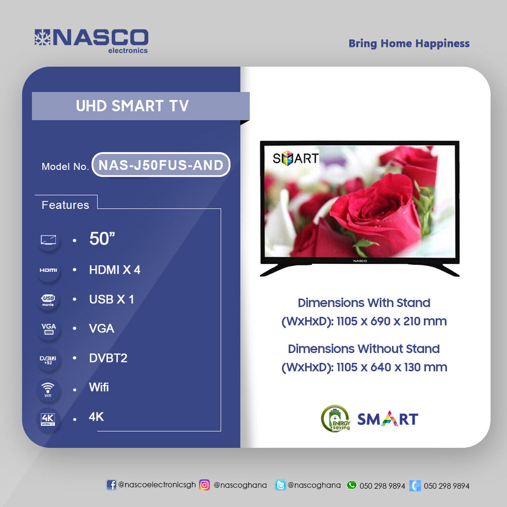 Nasco 50" 4K UHD Android Smart Satellite Television – Model NAS-J50FUS-AND