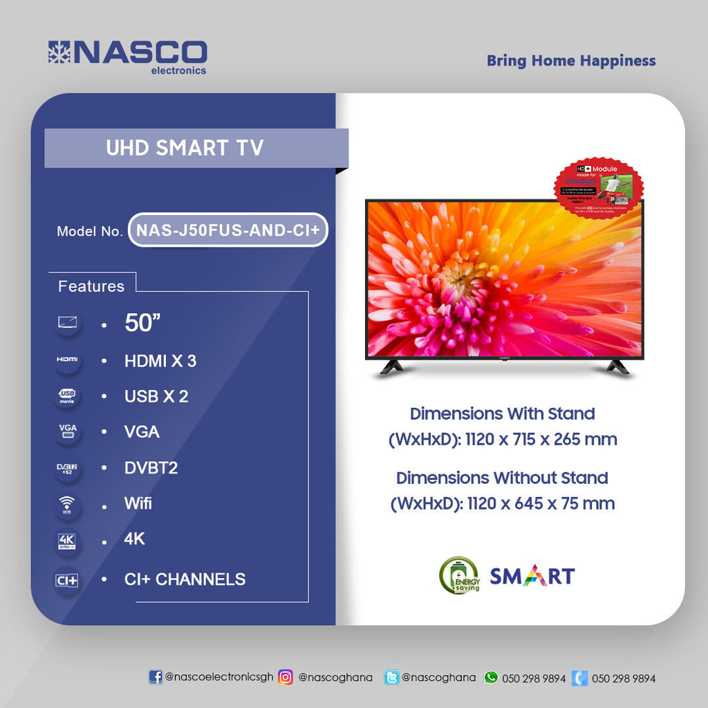 Nasco 50" 4K UHD Android Smart Satellite Television with CI+ – Model NAS-J50FUS-AND-CI+