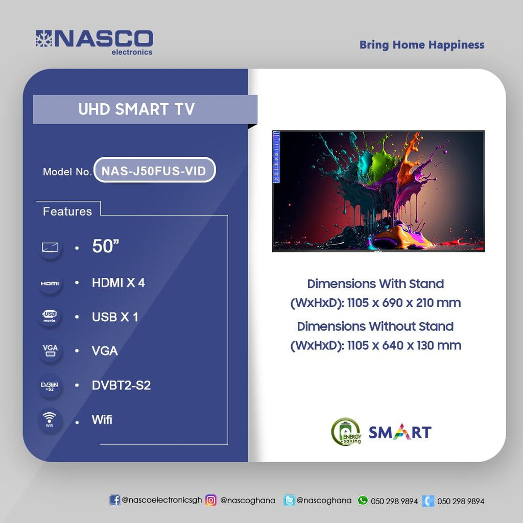 Nasco 50" 4K UHD VIDAA Smart Television – Model NAS-J50FUS-VID