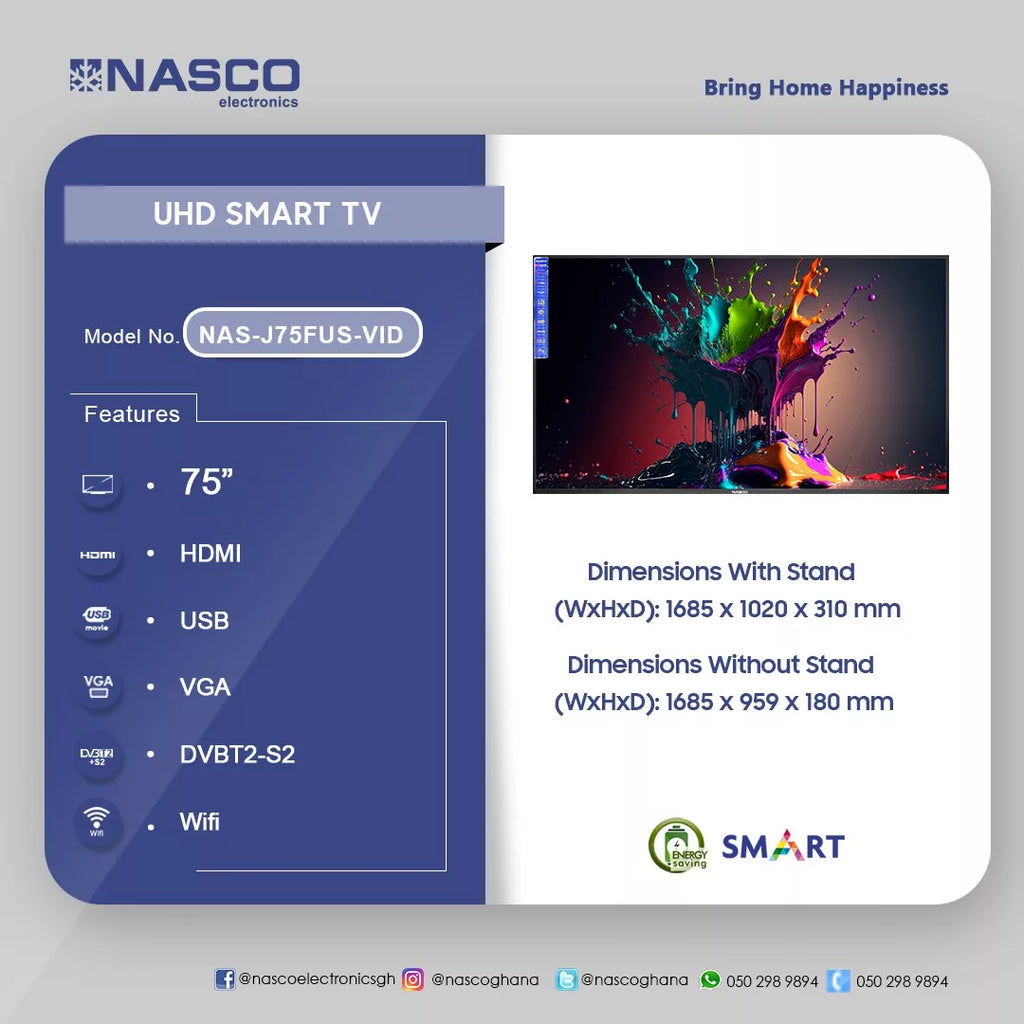 Nasco 75" 4K UHD VIDAA Smart Television – Model NAS-J75FUS-VID – view 2