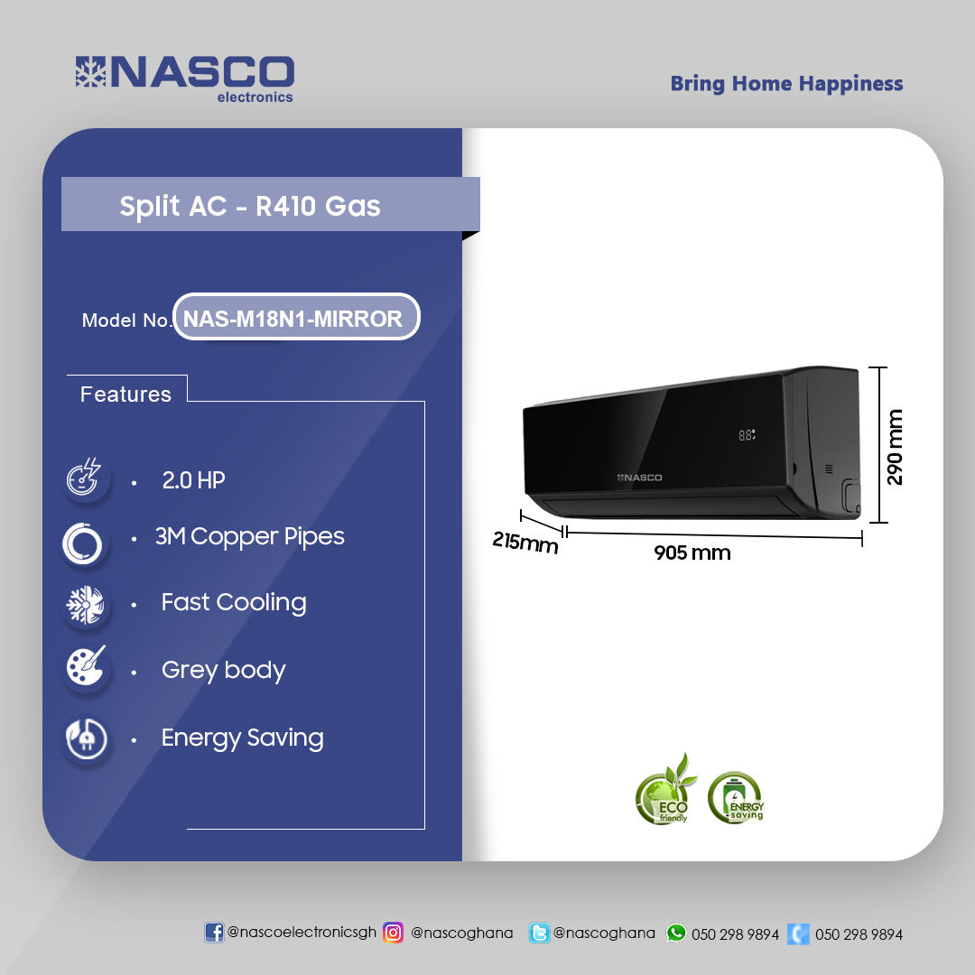 Nasco 2.0 HP Mirror Split Air Conditioner (R410A) – Model NAS-M18N1-MIRROR