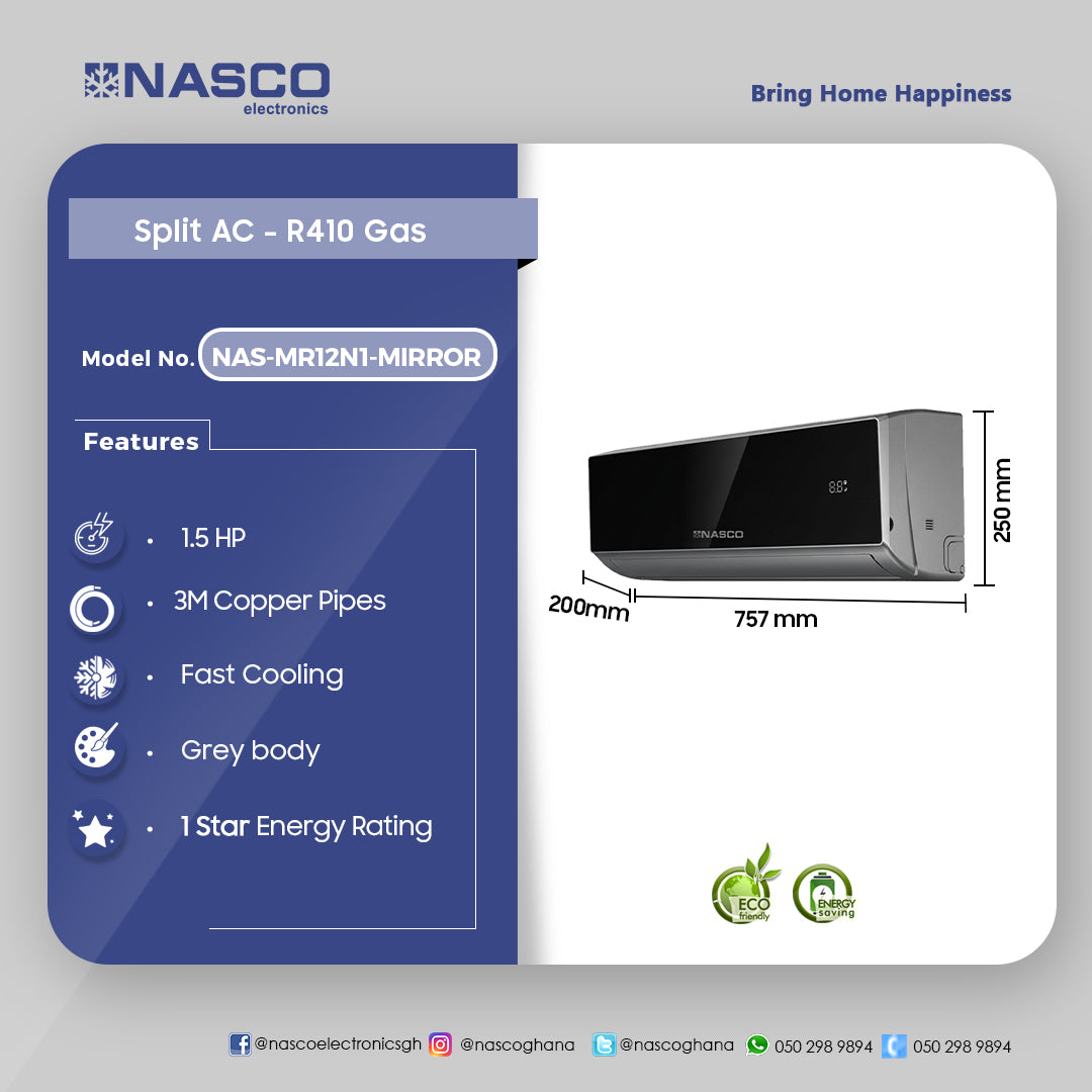 Nasco 1.5 HP (12,000 BTU/h) Mirror Split Air Conditioner (R32) – Model NAS-MR12N1-MIRROR – view 4