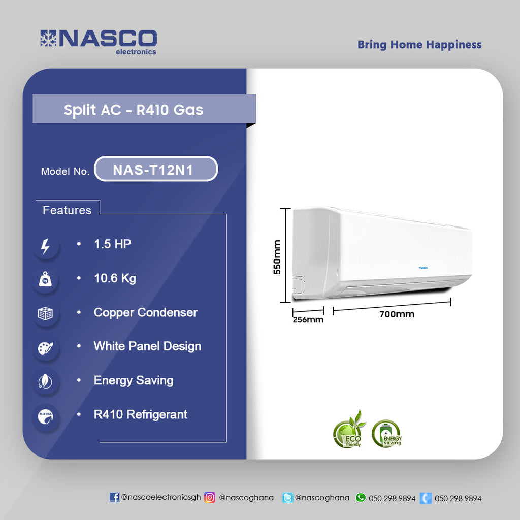 Nasco 12,000 BTU Split Air Conditioner (R410) – Model NAS-T12N1