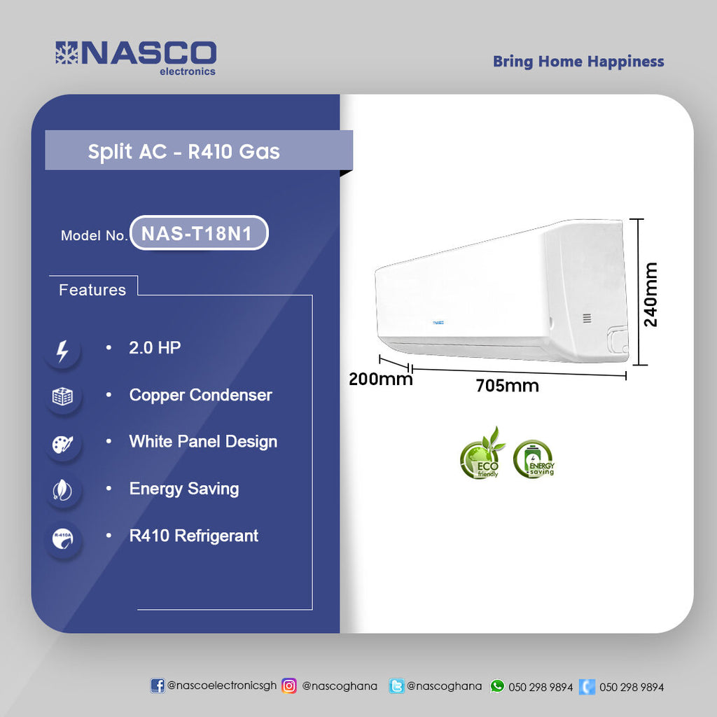 Nasco 18,000 BTU Split Air Conditioner (R410) – Model NAS-T18N1