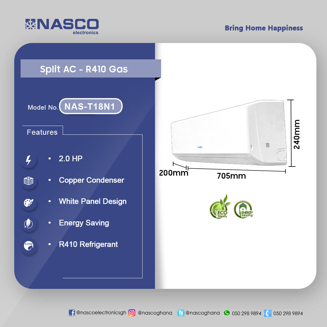 Nasco 18,000 BTU Split Air Conditioner (R410) – Model NAS-T18N1