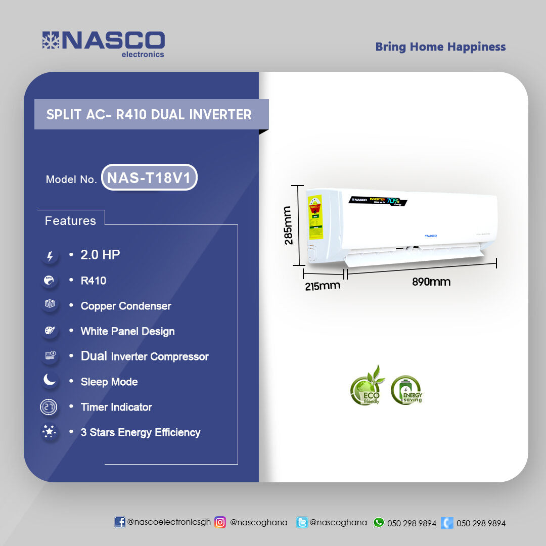Nasco 18,000 BTU Dual Inverter Split Air Conditioner – Model NAS-T18V1