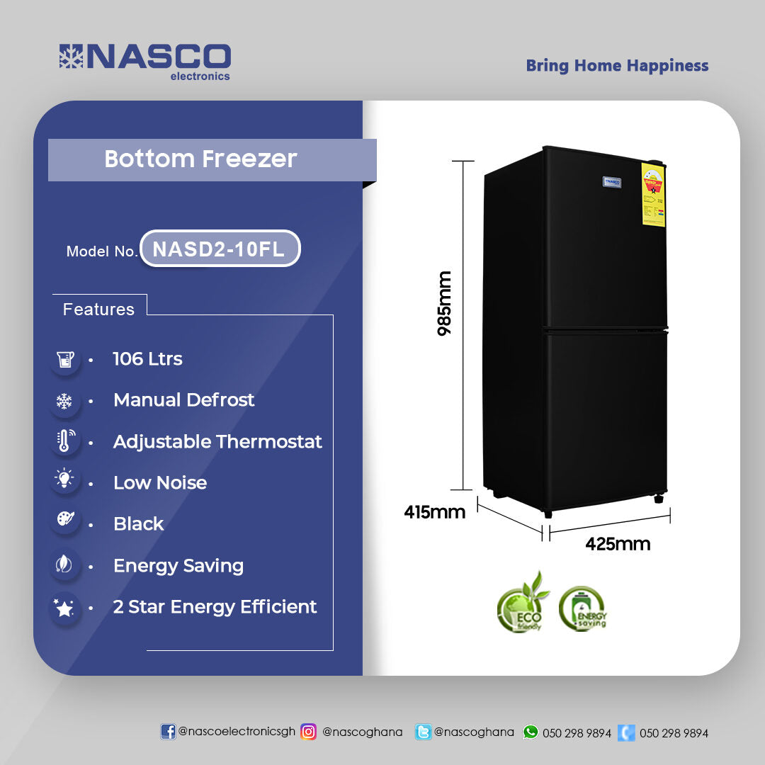Nasco 106 L Double Door Bottom Freezer Refrigerator – Model NASD2-10FL-B