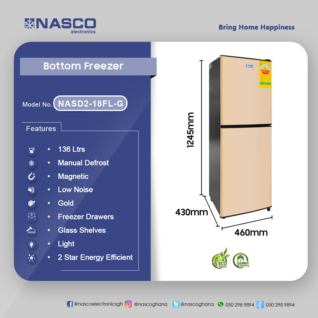Nasco 136 L Double Door Bottom Freezer Refrigerator – Model NASD2-18FL-G – view 4