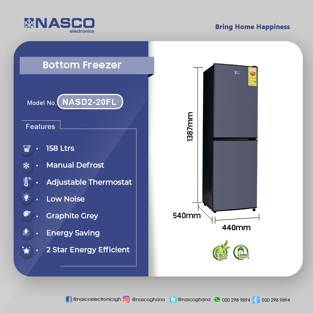 Nasco 158 L Double Door Bottom Freezer Refrigerator – Model NASD2-20FL