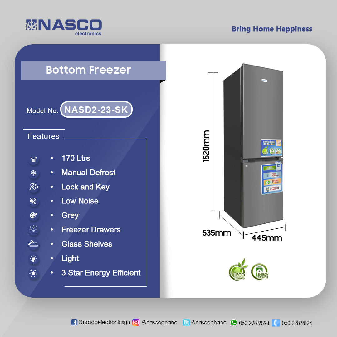 Nasco 170 L Bottom Freezer Refrigerator – Model NASD2-23-SK – view 4
