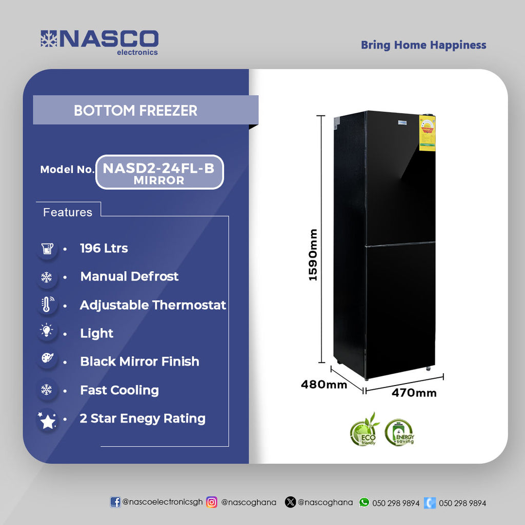 Nasco 196 L Mirror Finish Bottom Freezer Refrigerator – Model NASD2-24FL-B-MIRROR – view 4