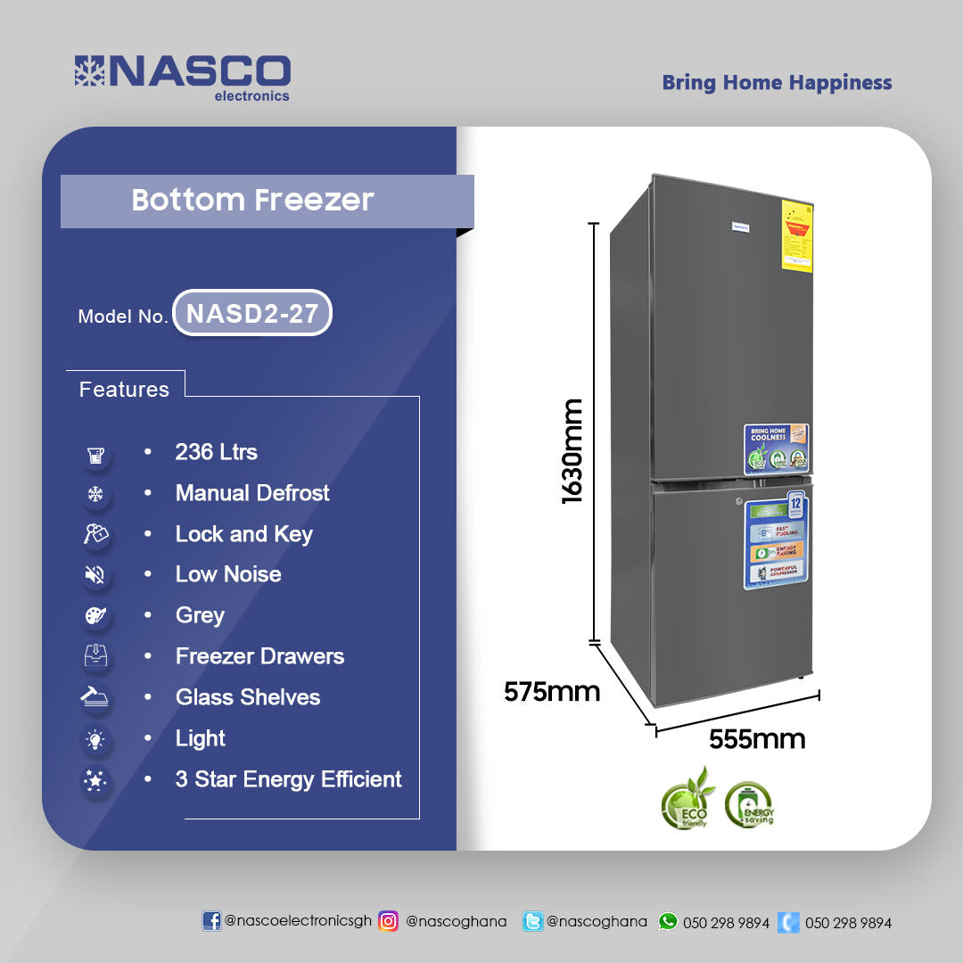 Nasco 186 L Bottom Freezer Refrigerator – Model NASD2-27 – view 4
