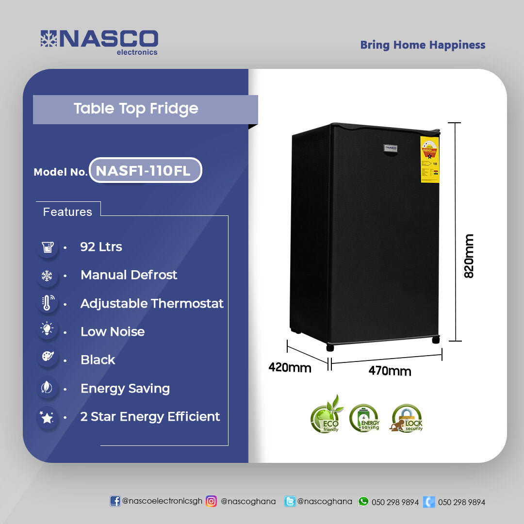 Nasco 92 L Single Door Table Top Refrigerator (Black) – Model NASF1-110FL-B