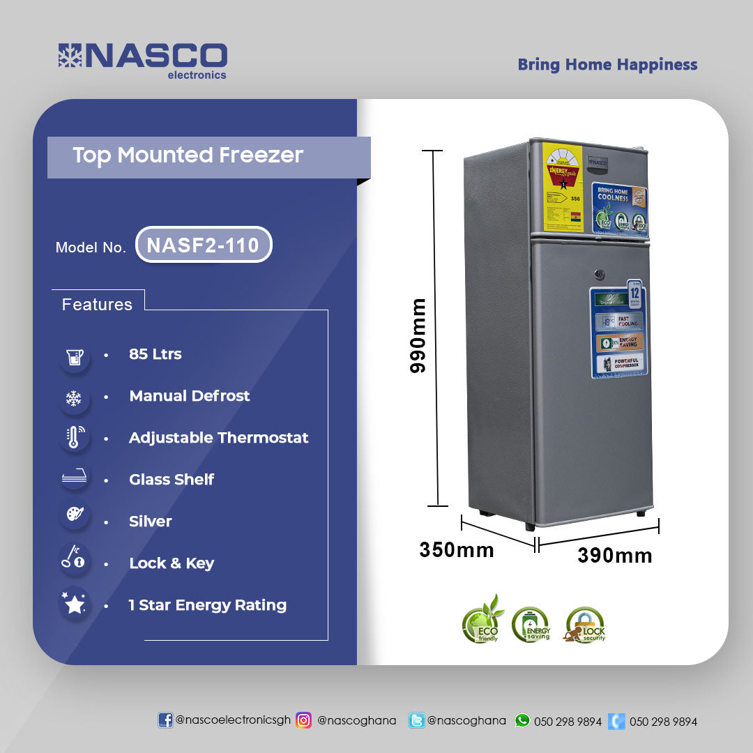 Nasco 85 L Double Door Top Freezer Refrigerator – Model NASF2-110