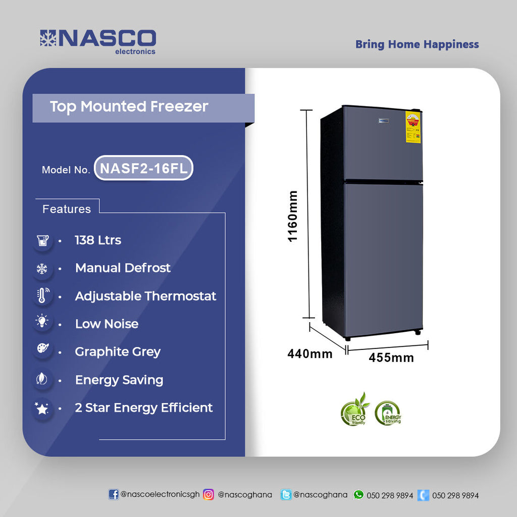 Nasco 138 L Double Door Top Freezer Refrigerator – Model NASF2-16FL