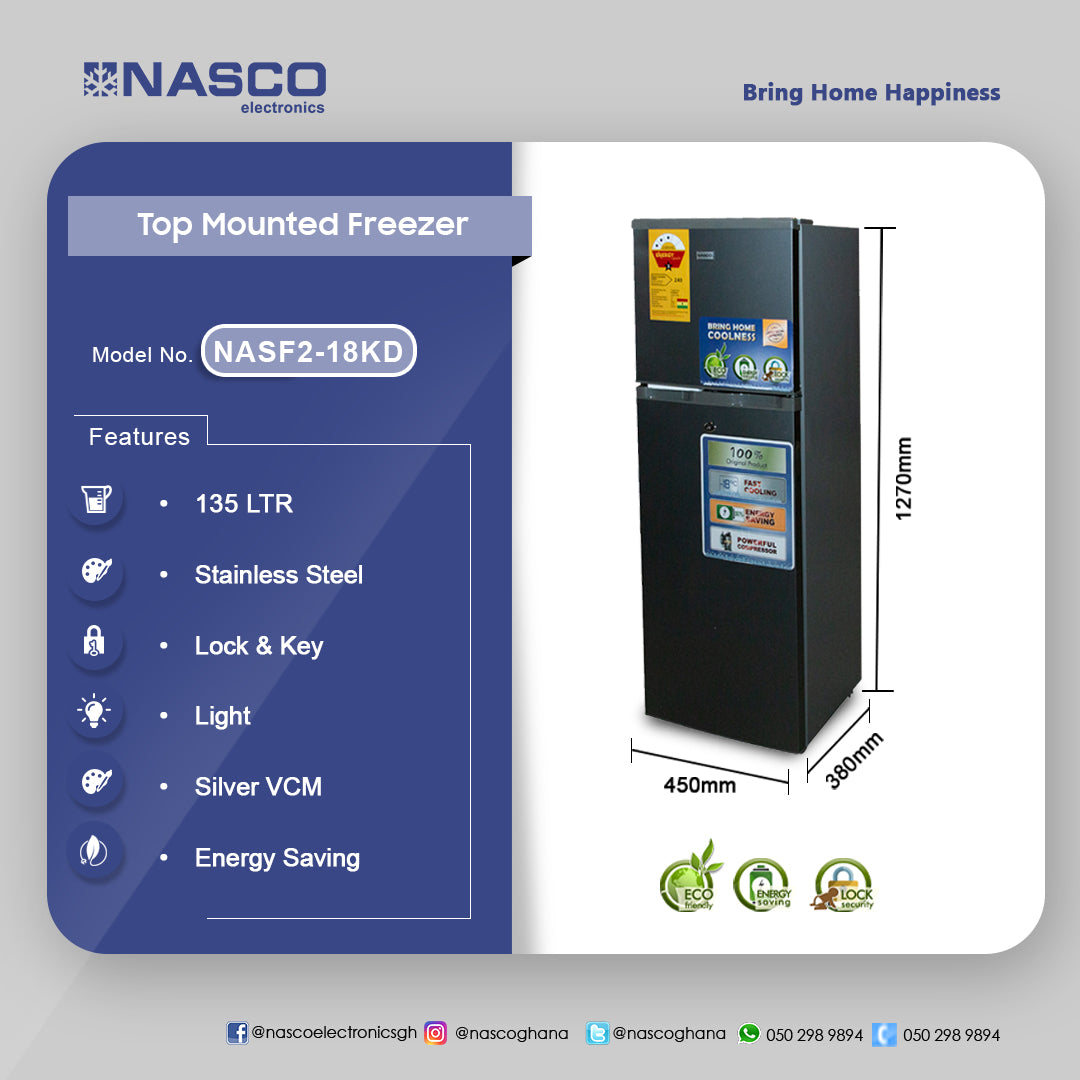Nasco 135 L Top Freezer Refrigerator – Model NASF2-18KD – view 3