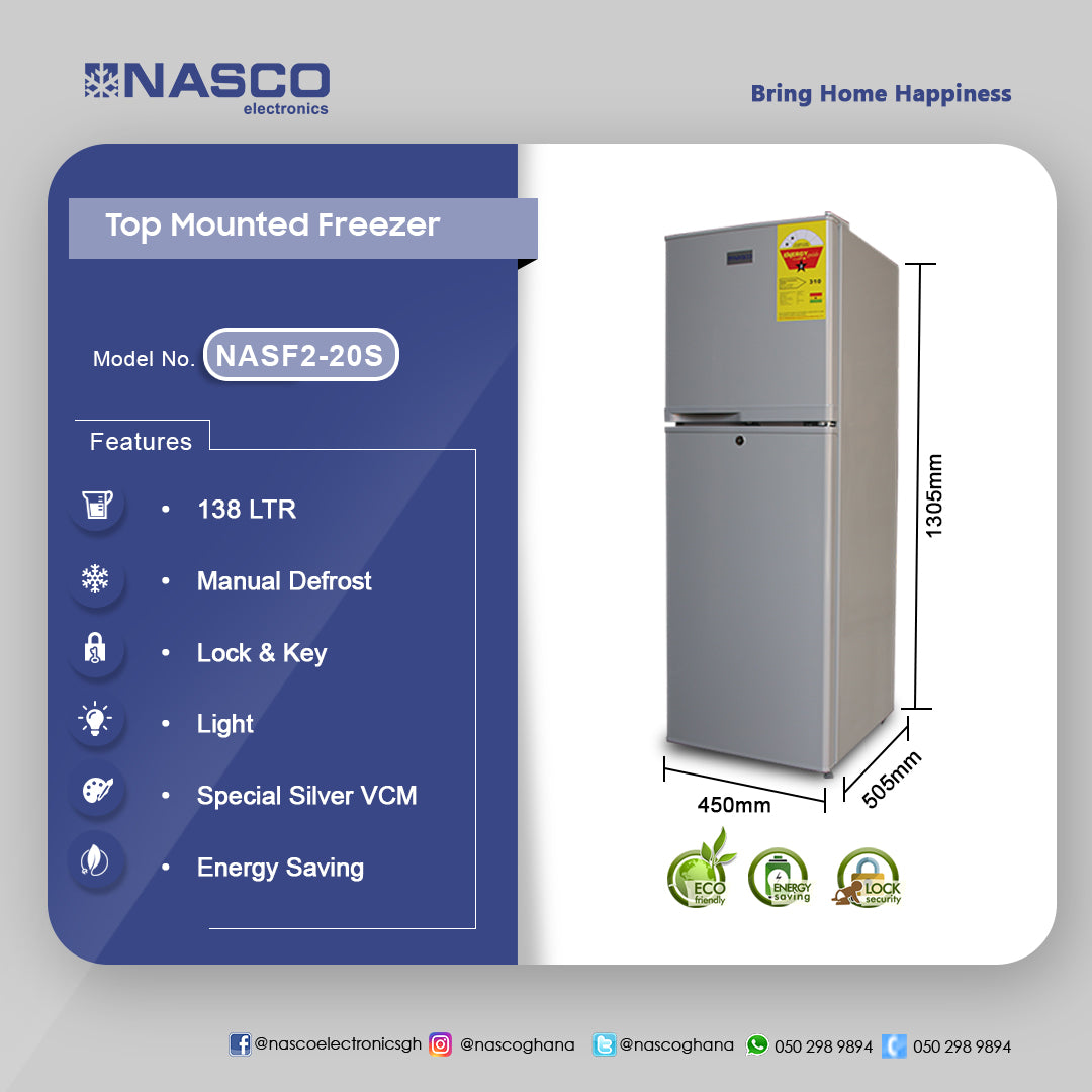 Nasco 138 L Top Freezer Refrigerator – Model NASF2-20S