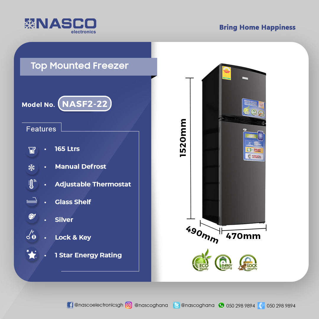 Nasco 166 L Double Door Top Freezer Refrigerator – Model NASF2-22 – view 4