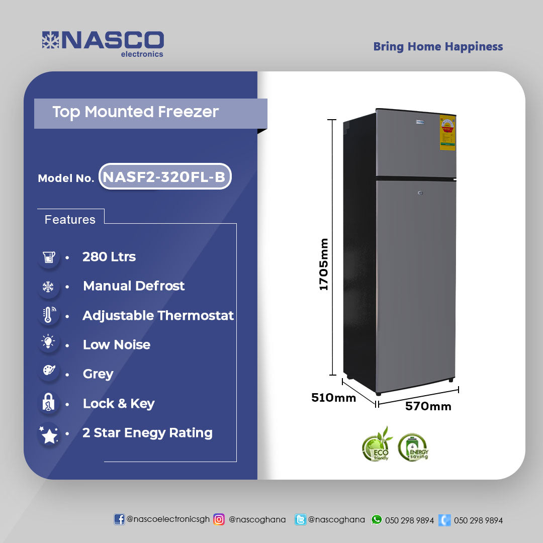 Nasco 280 L Top Mount Refrigerator – Model NASF2-320FL-B